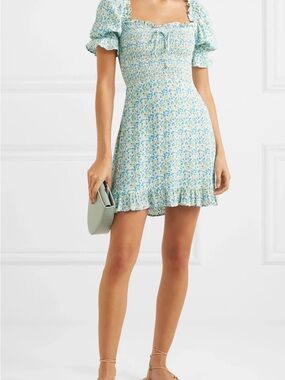 Faithfull the Brand Donna Shirred Floral Print Crepe Mini Dress